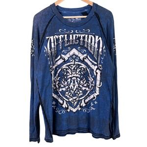 Y2K Affliction Live Fast Saint Vitas Blue Screen Graphic Distressed T Shirt XL